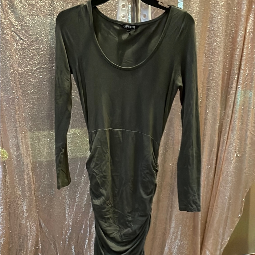 Express Black Long Sleeve Scoop-Neck Ruched Dress